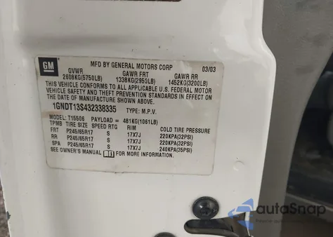 2003 Chevrolet Trailblazer Ltz from USA, damaged, VIN 1GNDT13S432338335